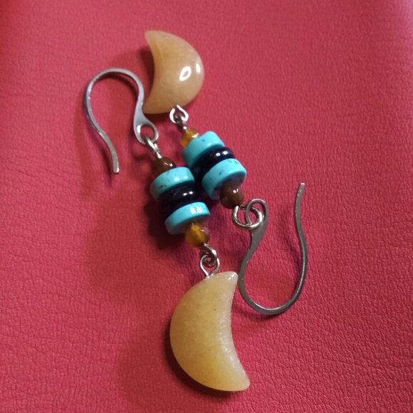 Southwestern & Boho Vibes! Long Moon Danglers! Aventurine Howlite + Agate Beads - Picture 6 of 12